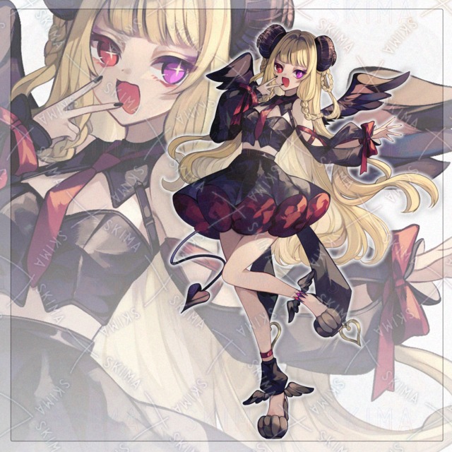 Image of A girl dressed as a devil [with 2 different facial expressions and parts].