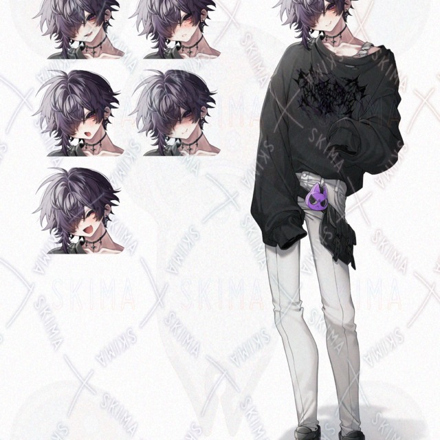 Image of 5 different facial expressions: Male standing (purple, subculture, suspending eyes)