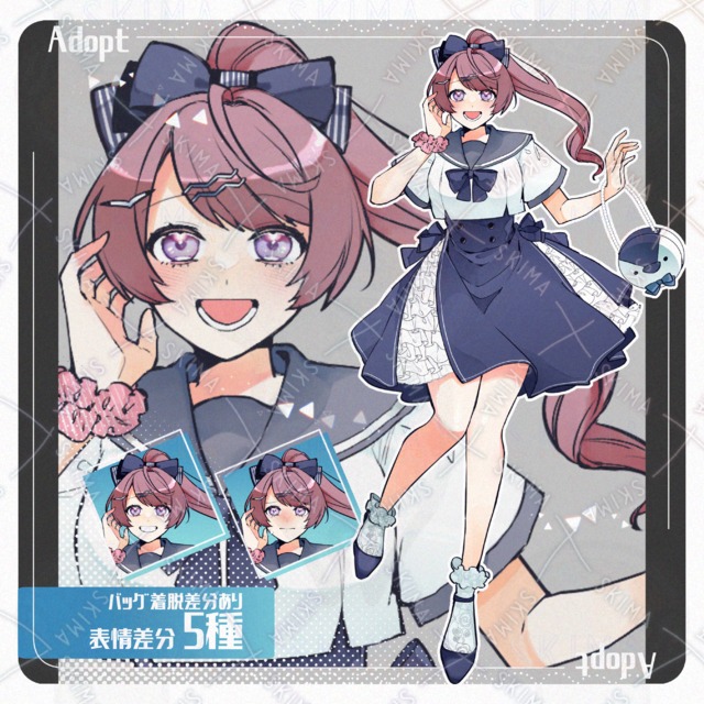 Image of Woman in marine dress [5 different expressions + bag difference].