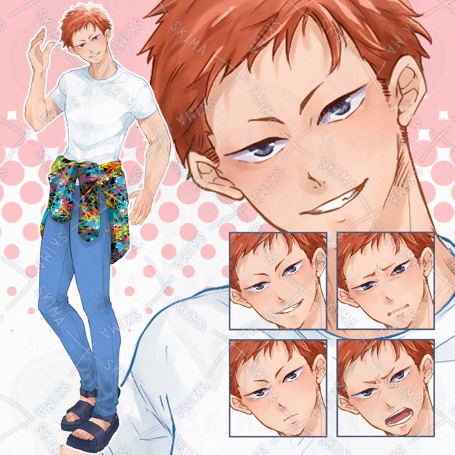 Image of 4 different facial expressions] Young man with short hair [standing] [adopt04