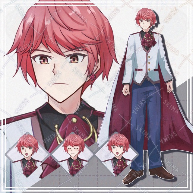 Image of 10 different expressions] Man with red hair [standing].