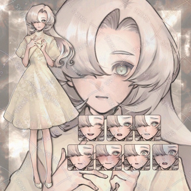 Image of 8 different expressions] Fragile girl