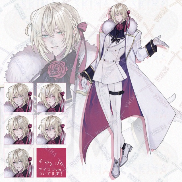 Image of Standing male figure with blond hair, blue eyes and white suit (with large icon)