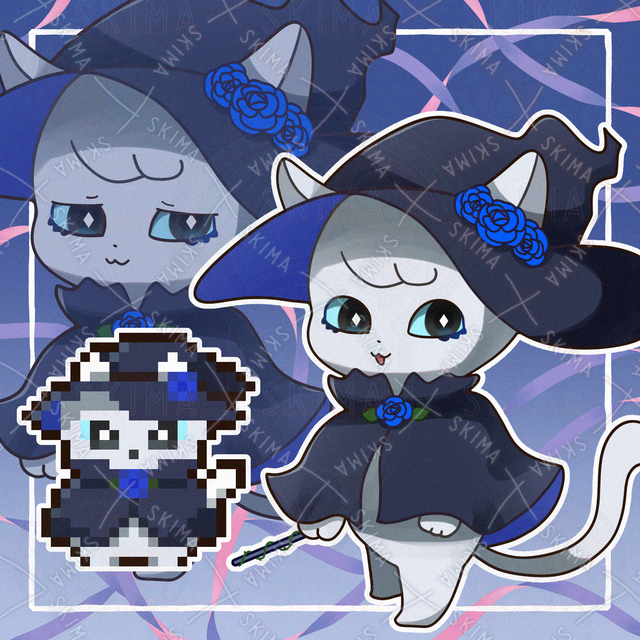 Blue Rose Cat Witch Character with Pixel Art Stand-Up Illustration, 8 Expression Variations, and Wand 的商品圖片