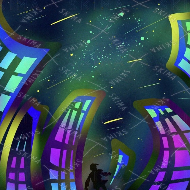 【商用利用可】流星群と湾曲するビル群の背景素材の商品画像