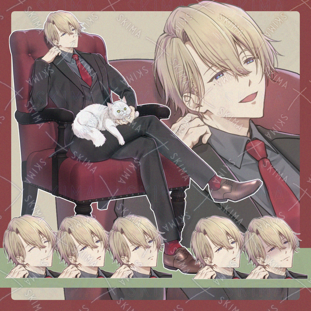 スーツの男性と白い猫 表情7種 猫なし差分の商品画像