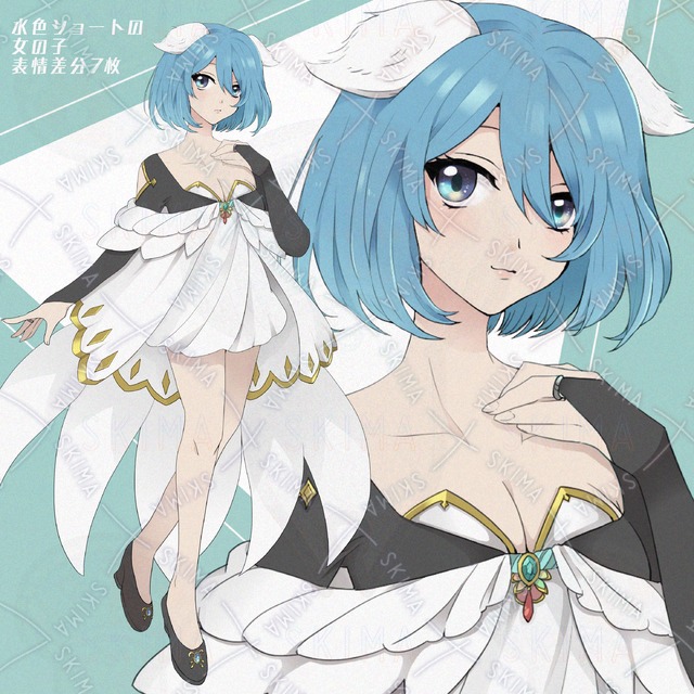 하늘색 단발머리 소녀【표정 차이 7장 상품 이미지