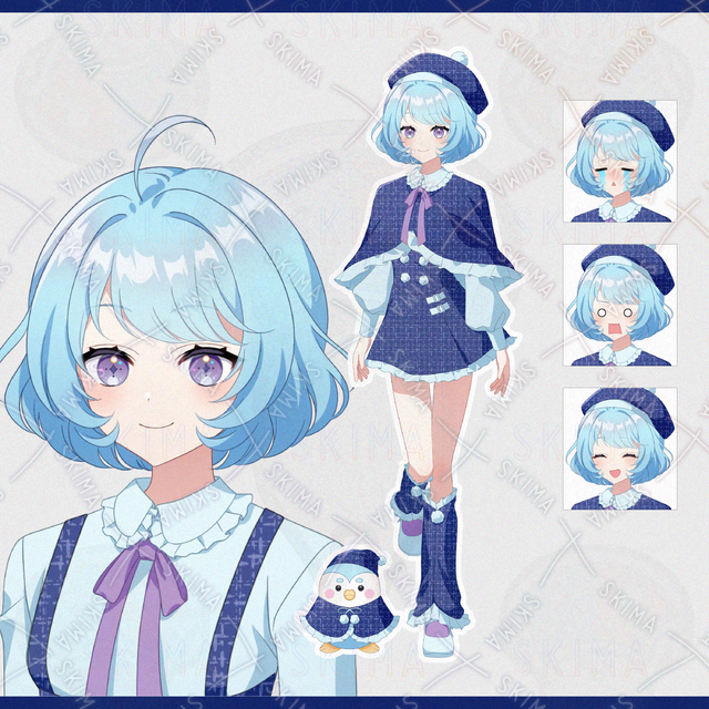 ペンギンマスコット付き！ 寒色系女の子の全身立ち絵（表情差分3種+簡易衣装差分）の商品画像