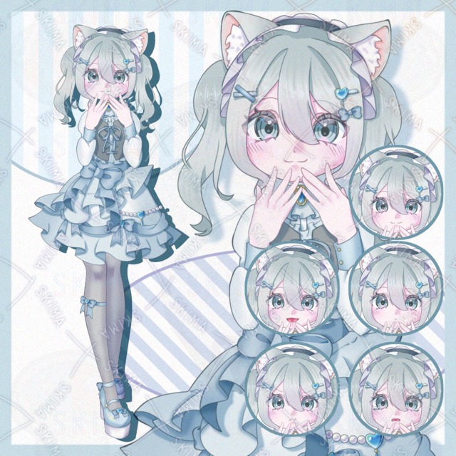 Image of Light Blue Lolita Cat-Eared Girl – Standing Illustration with 5 Expressions