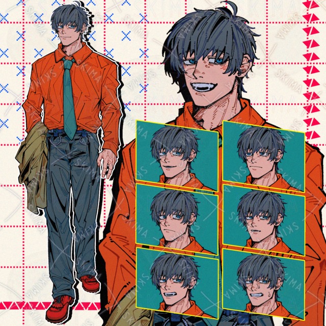 오렌지색 셔츠와 넥타이를 맨 남자【8가지 표정】표정 8가지 상품 이미지