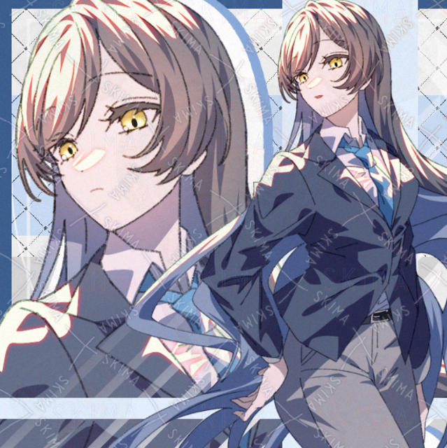 スーツ　女性　女の子　現代ファンタジー　ロング　　インナーカラー　青色　差分あり