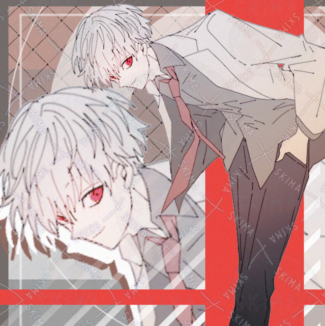 スーツ　制服　男の子　青年　現代ファンタジー　赤色　黒　白髪　灰色