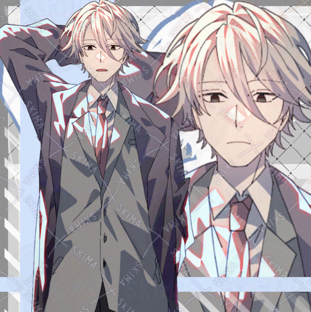 スーツ　男性　現代ファンタジー　グレー髪　黒色　コート　表情差分あり