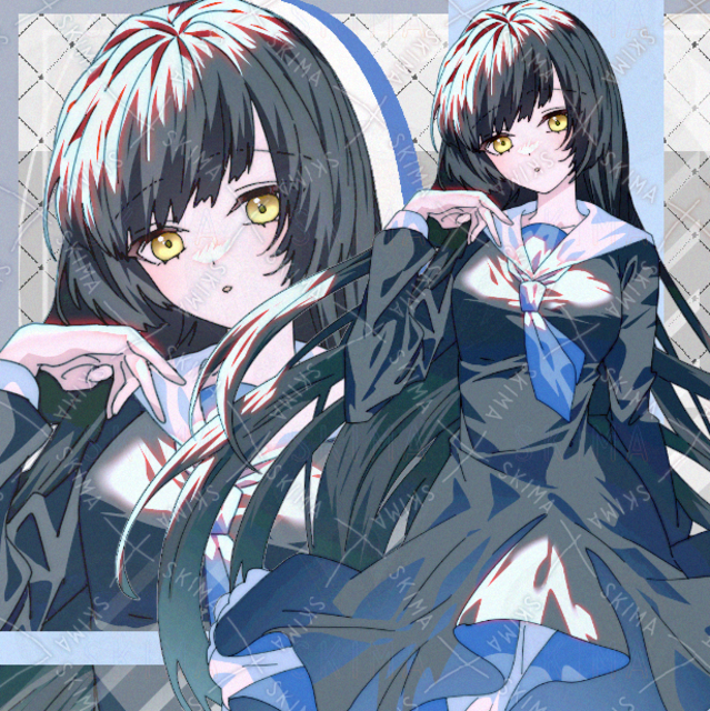 学生　女の子　現代　ファンタジー　制服　セーラー　黒色　ロング　青