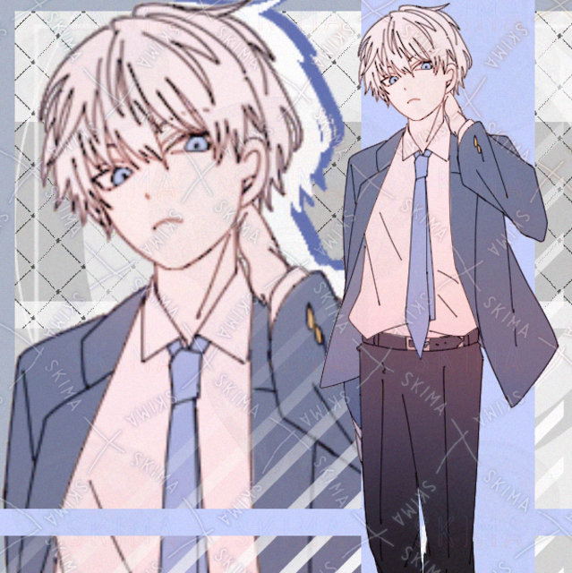 制服　男の子　青年　現代ファンタジー　白髪　青　スーツ