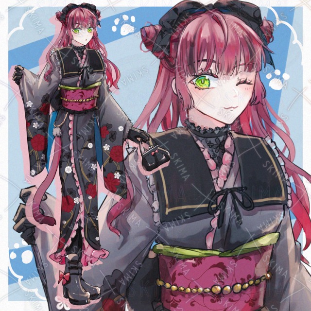 Image of Cat-Themed Gothic Lolita Kimono Girl [6 Expression Variations]
