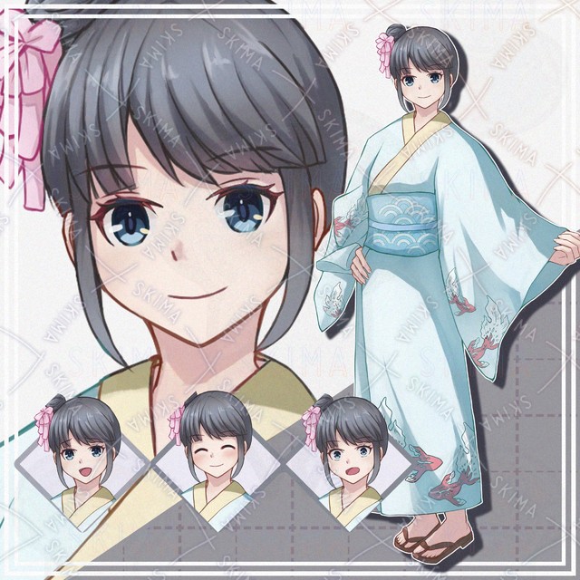 Image of 10 Expressions: Girl in Kimono with Black Hair – Standing Illustration