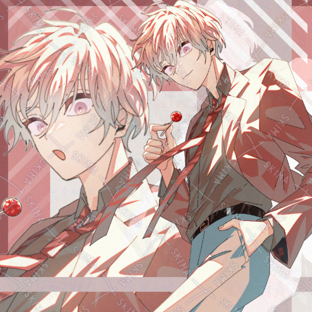 スーツ　男性　現代ファンタジー　ピンク髪　赤色　飴　表情差分あり