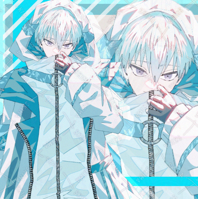 Image of Cyber Fantasy Male Character – Gray Hair, Light Blue Hood, Multiple Facial Expressions