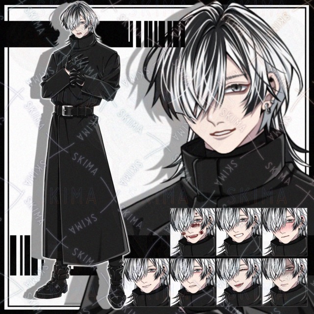 Image of ★ Standing Illustration: Long Coat, Black & White Hair, Male Character — 9 Expressions