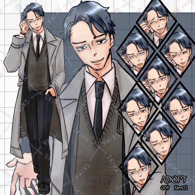 【立ち絵】黒髪無精髭スーツおじさん ADOPT【表情+ポーズ差分8種】