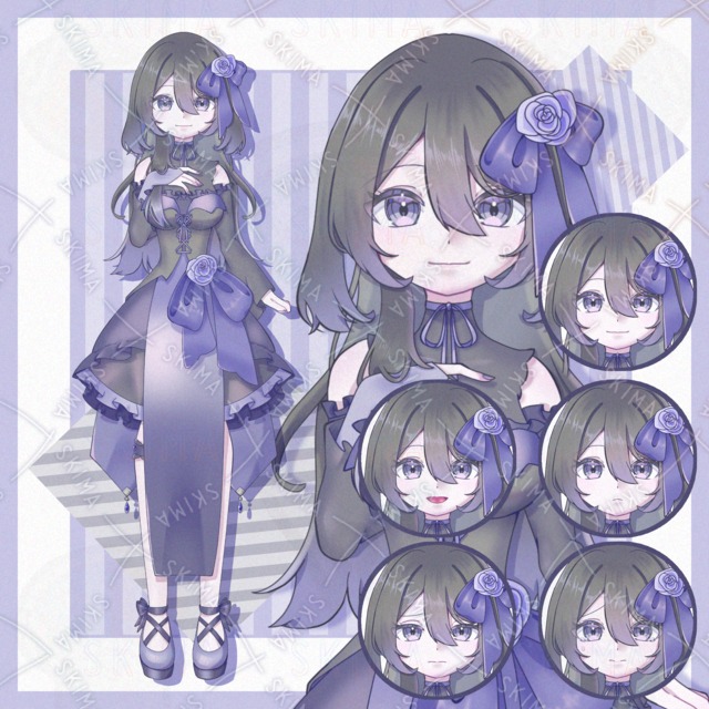 Image of Gothic Lolita Girl with Blue Roses – Standing Illustration Set (5 Expressions)