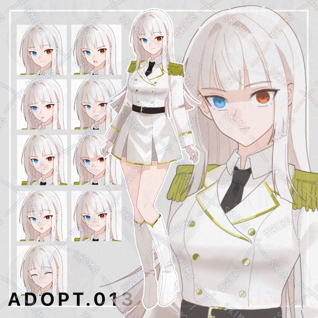 【opt】 흰 군복 소녀 스탠딩 일러스트, 표정 9종 상품 이미지