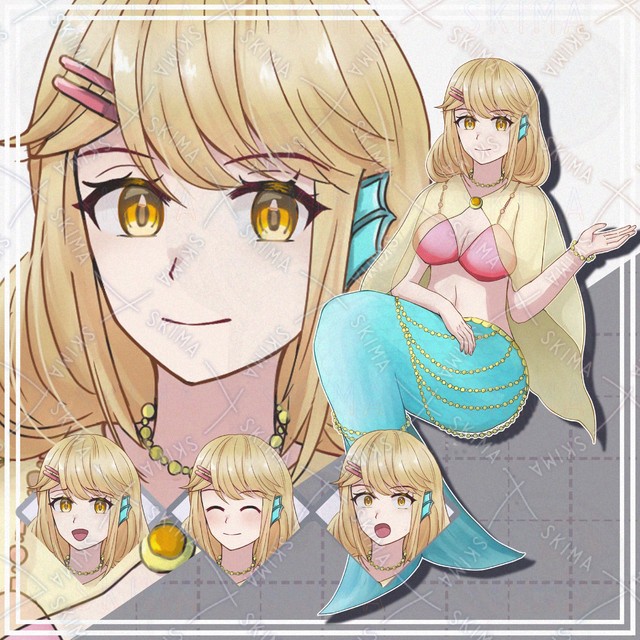 Image of Blonde Mermaid Girl Standing Illustration with 10 Expressions