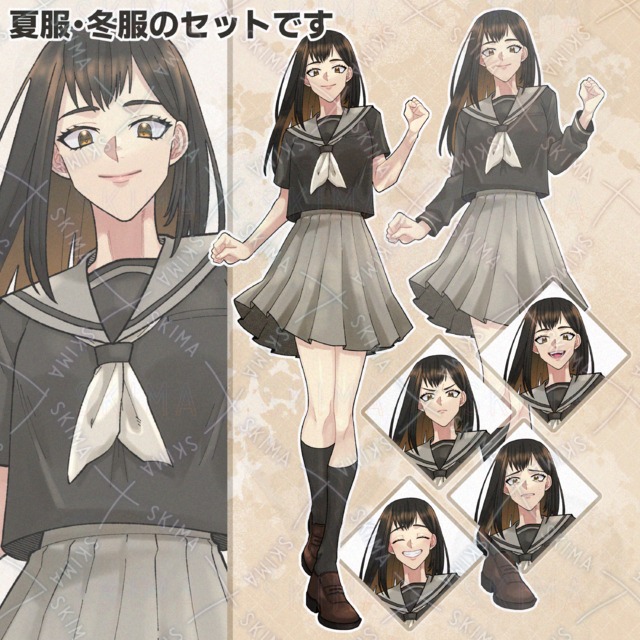 Image of Full-Body Illustration: Girl in Sailor Uniform (Summer and Winter Set)