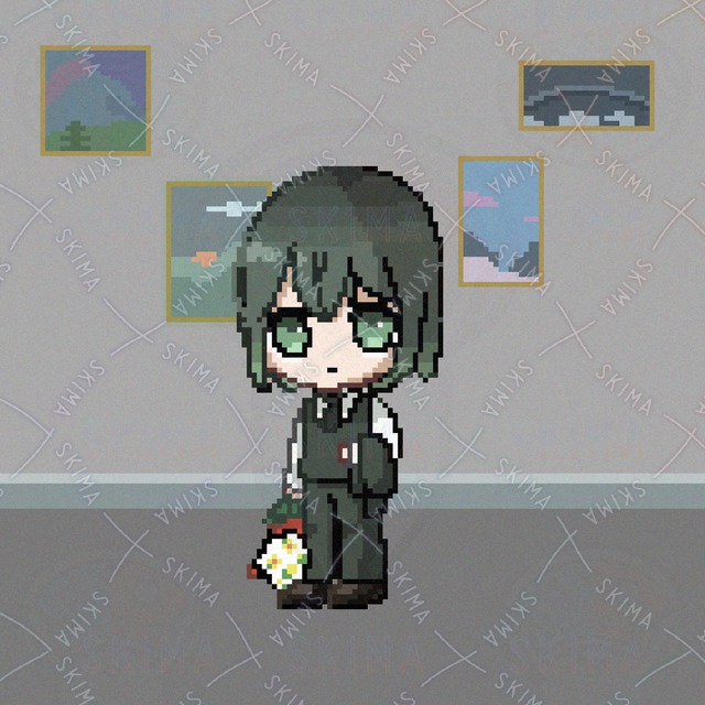 Image of Green Character with Bouquet Pixel Art