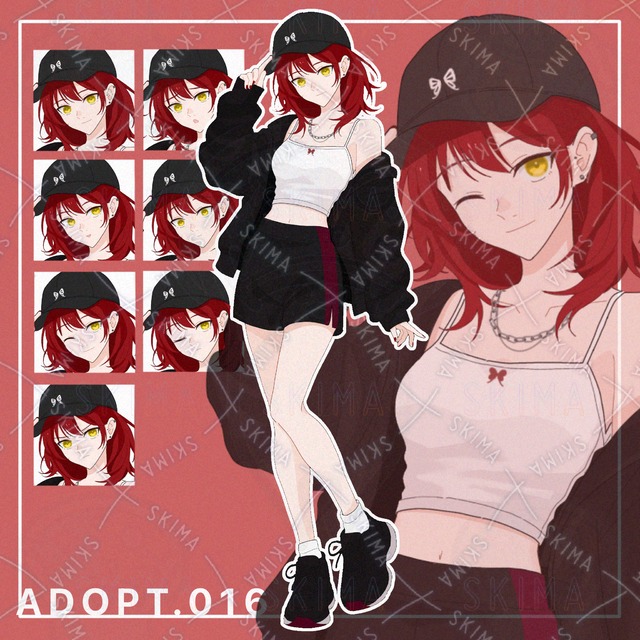 【opt】빨간 머리 스트리트 스타일 언니 캐릭터 일러스트 (표정 7종) 상품 이미지