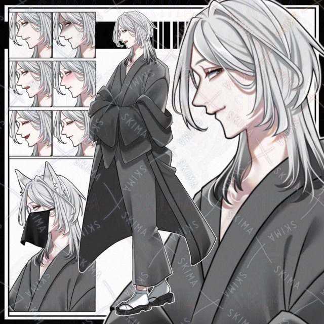 ★【立ち絵】和装/銀髪男性キャラ【表情7種】