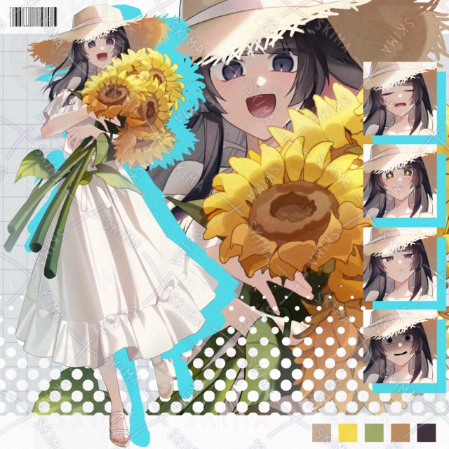 Image of Summer Black Hair White Dress Girl: 7 Facial Expressions + Ear, Tail, and Flower Variations