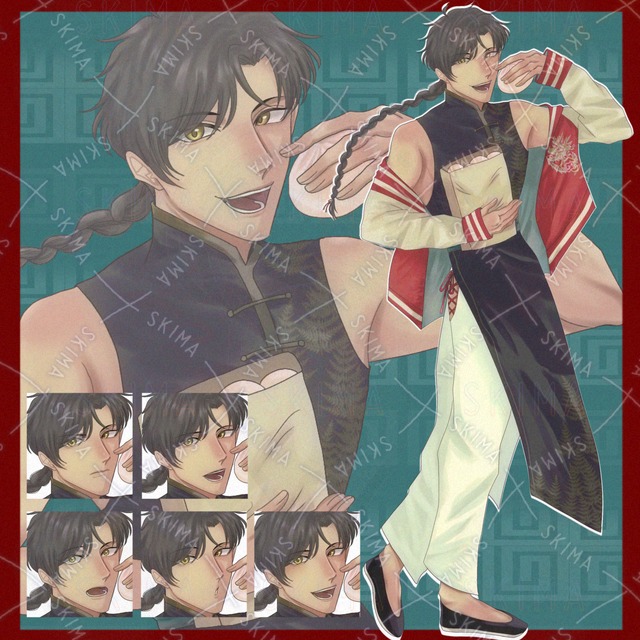 チャイナ服の男性立ち絵（表情7種・上着着脱可）
