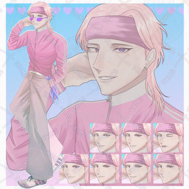 ピンクジャージの男性立ち絵（表情9種類・サングラス差分あり）