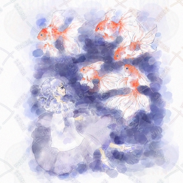 夜空の海で金魚と泳ぐ少女