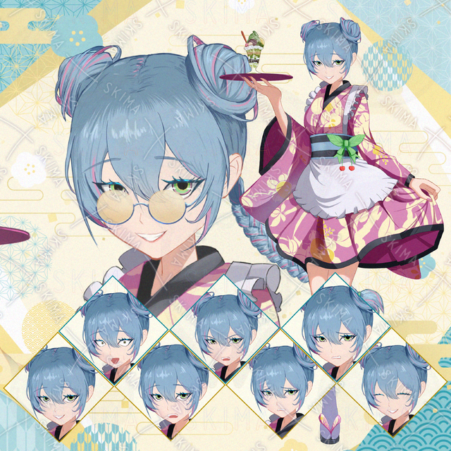 【表情7種】和風メイド 表情7種+三つ編み、お盆、眼鏡着脱可能！