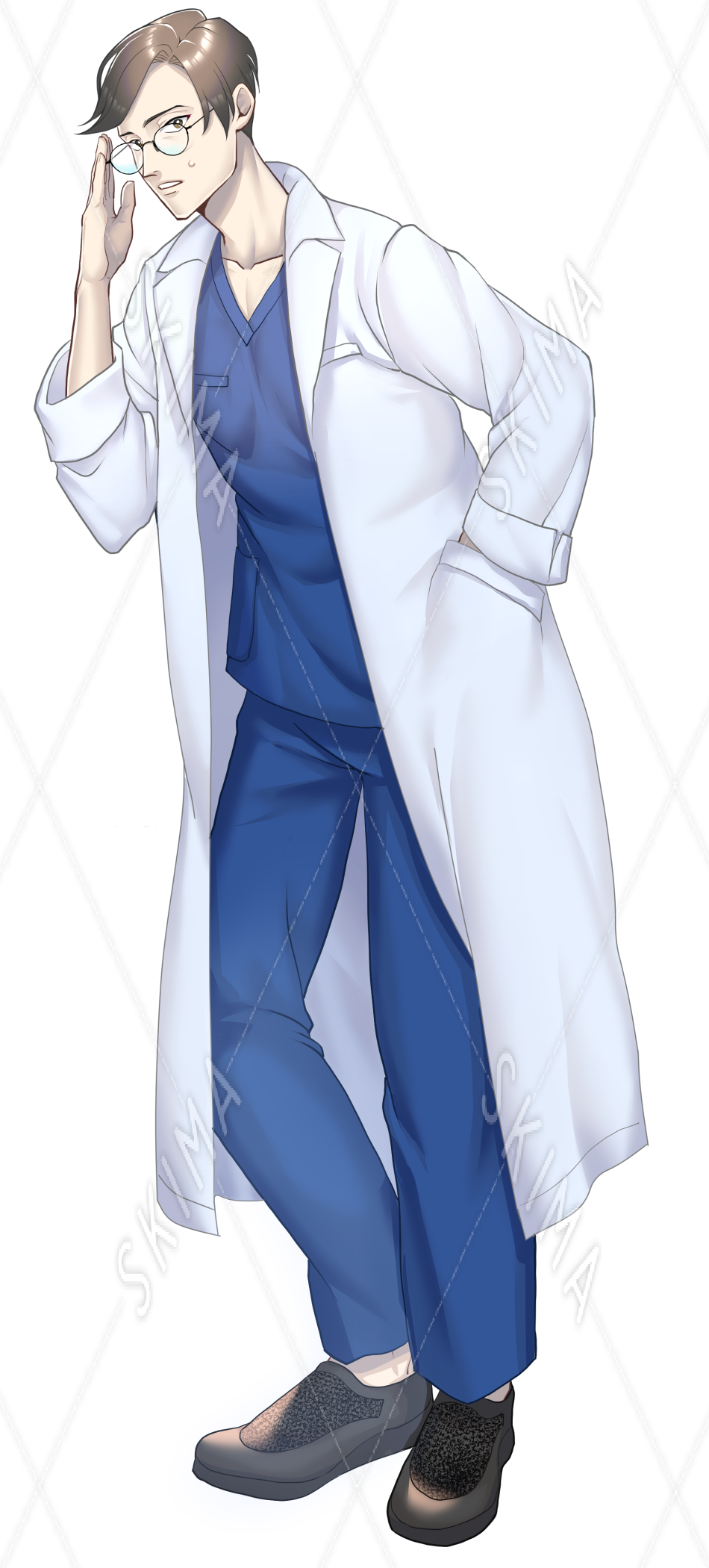 不健康そうな医者 医療従事者 白衣 医師 ドクター 青年 スクラブ 看護師 眼鏡 スキマ スキルのオーダーメイドマーケット Skima