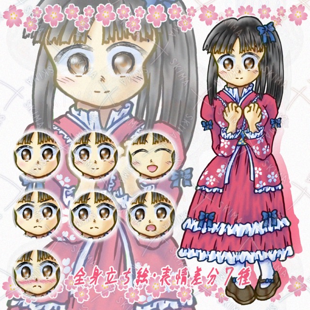 黒髪サイドテール、和風ロリータ女子【表情差分７種】