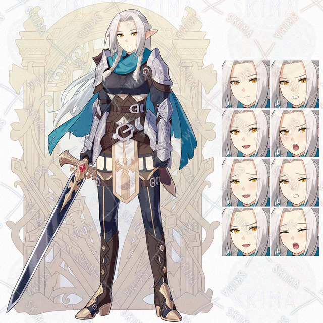 エルフ 白髪 長剣 (表情8種＋背景)