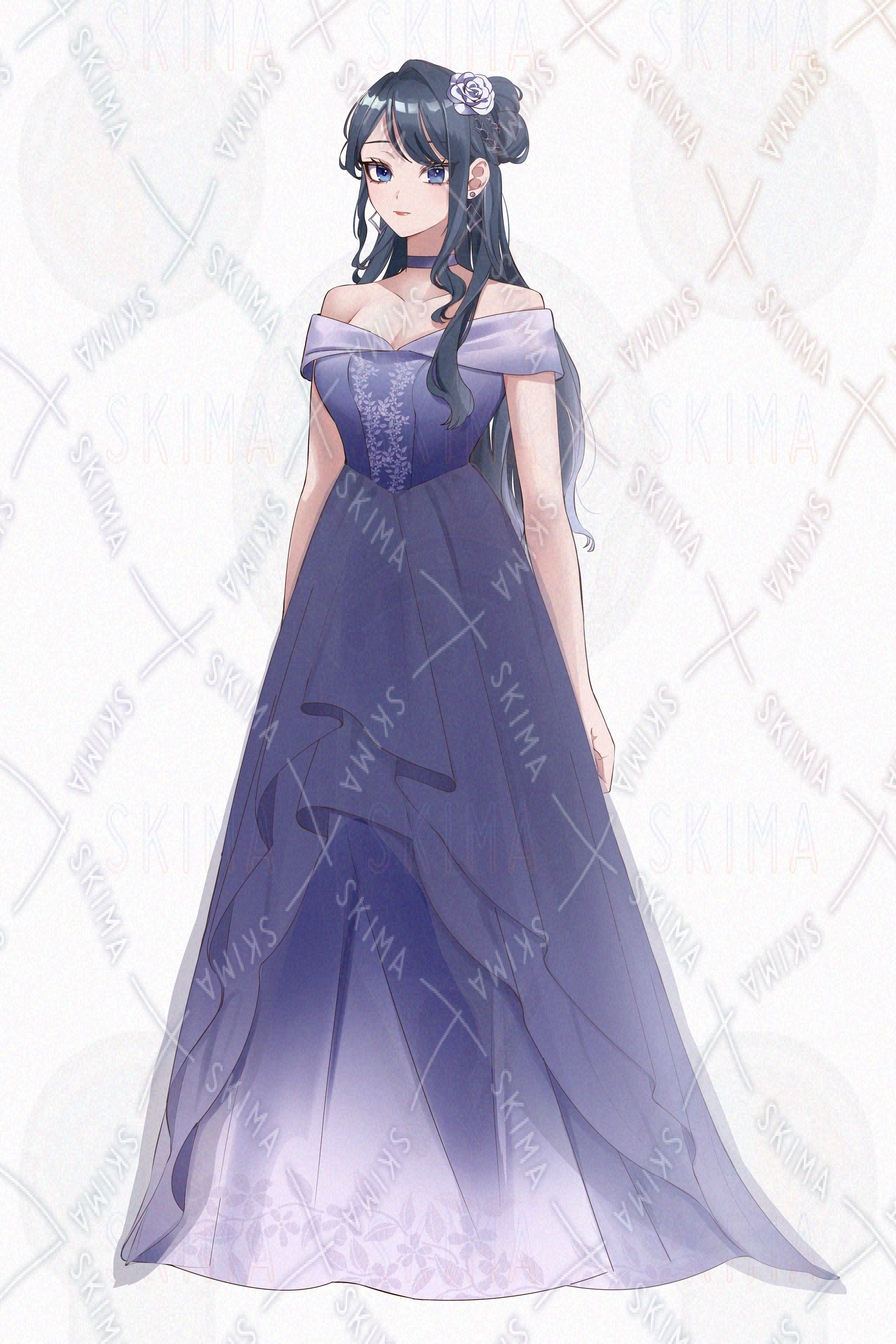 青色ドレスの女性イラストポーチ　ロラライハリス　マスカレード ドレスの女性【立ち絵 表情5種類】 | SKIMA（スキマ）