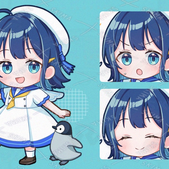 【表情3種】マリン風の女の子＋ペンギン【デフォルメ】