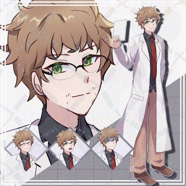 【表情10種】茶髪白衣の眼鏡男性【立ち絵】