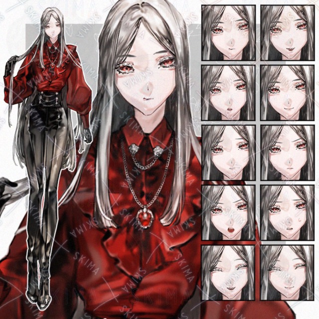 Image of 10 Expressions: Long Silver Hair, Red Shirt, High Heels