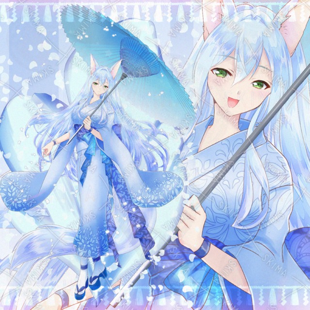 Image of adopt30 Fox Girl — 7 Expressions — Japanese Umbrella, Kimono, Petals