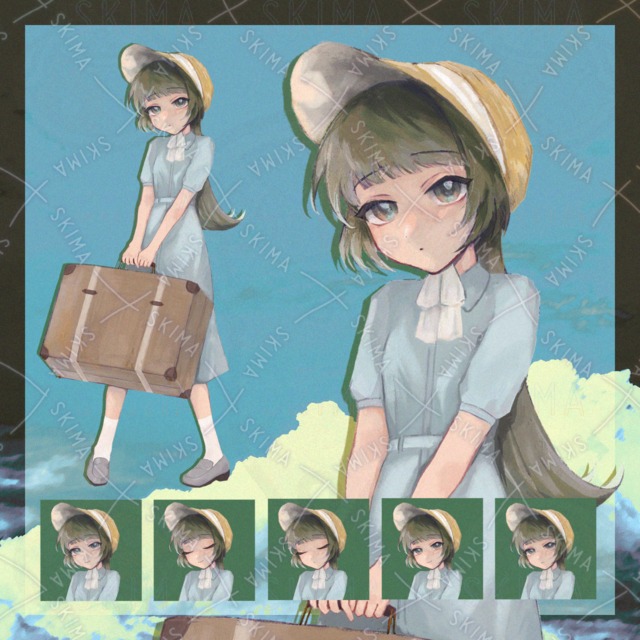 【表情6種】トランクを持った緑髪の少女