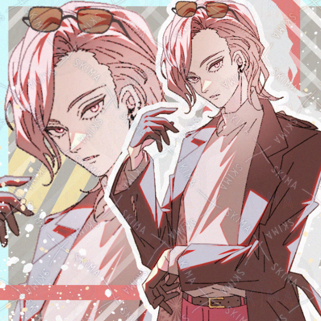 コート　男性　現代ファンタジー　ピンク髪　ロング　くせ毛　サングラス