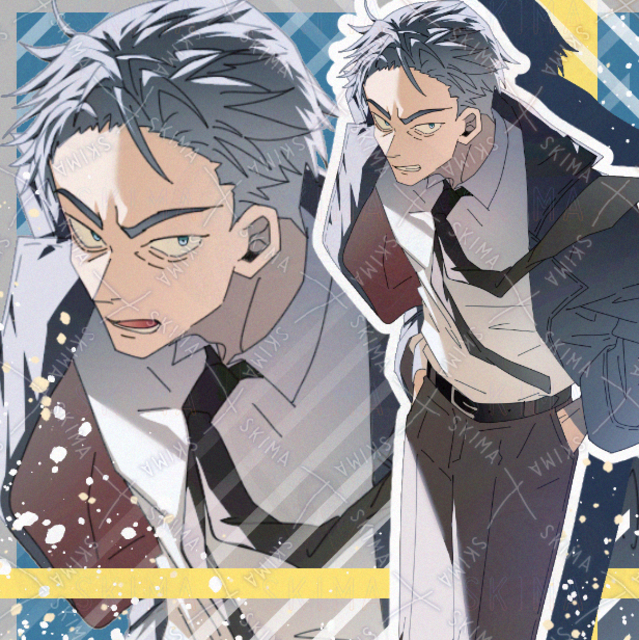 差分あり　スーツ　おじさん　男性　現代ファンタジー　青髪　紺