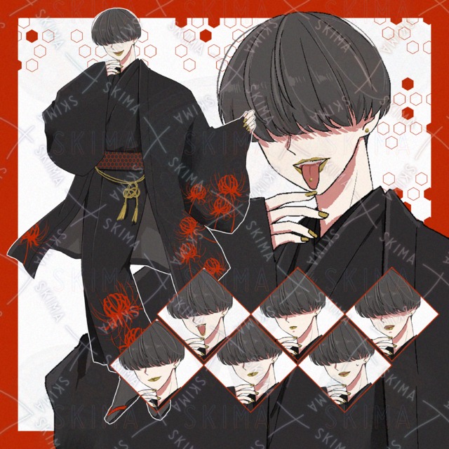【全8種】完全メカクレ！目チラ無し！｜金リップ&times;彼岸花の黒和装青年