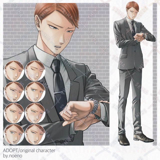 腕時計を見るスーツ男性【表情8種】